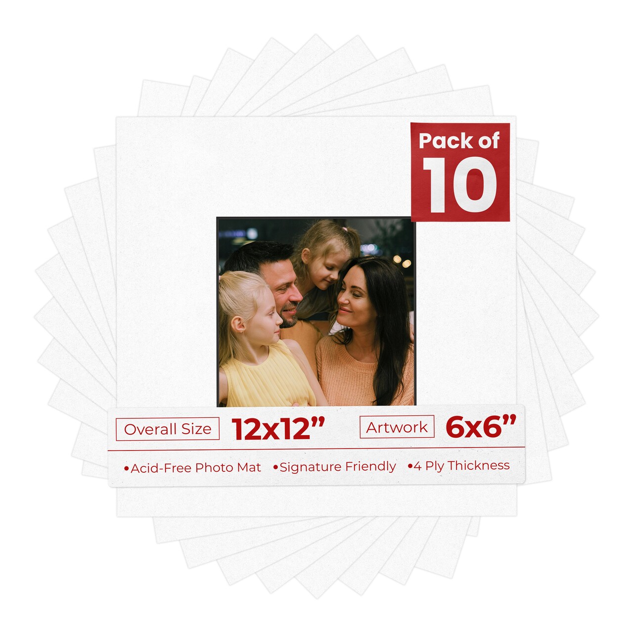 White with Black Core Mat Board for 12x12 Frames - Fits 6x6 Photos